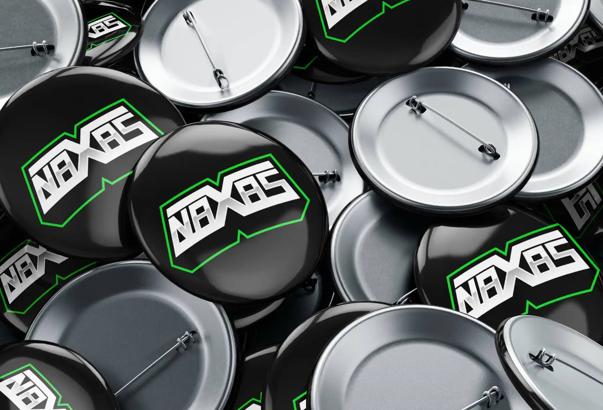 Création d'un logo pour le groupe de musique NAXAS, mockup du logo sur des pins.